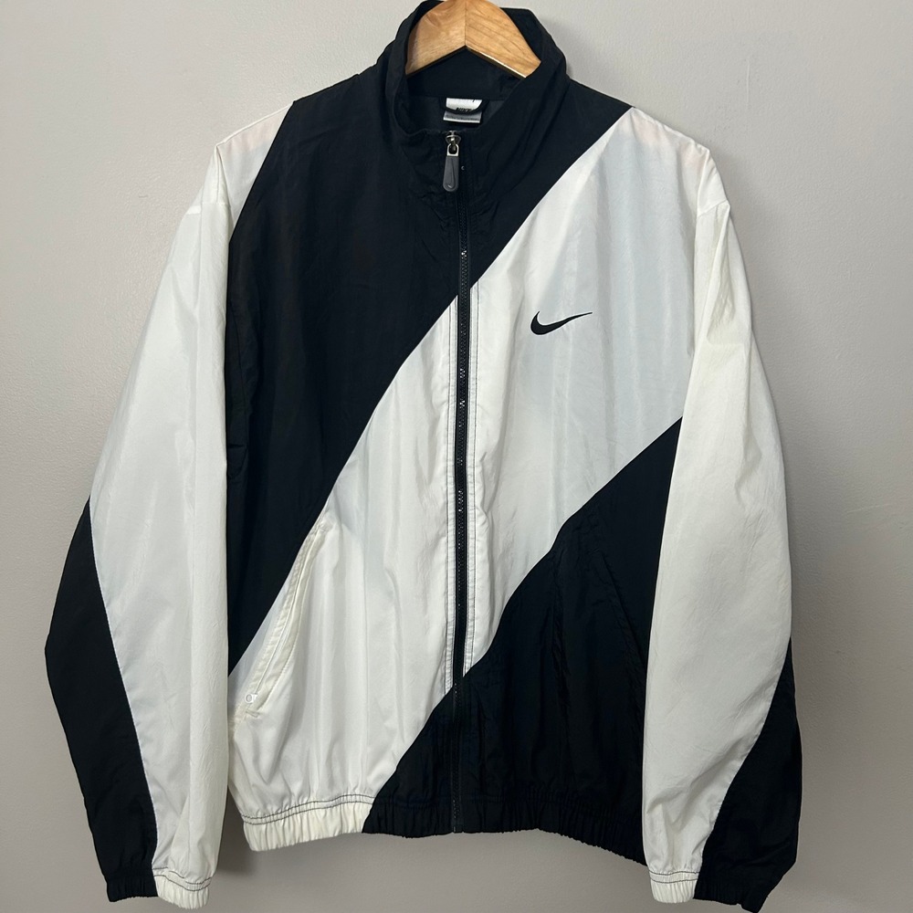 Nike Windbreaker Jacket Mens Medium Black White Big Swoosh Full Zip Vintage 90s